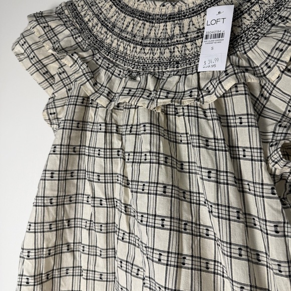 LOFT Black and White Smocked Ruffled Blouse size S - Picture 2 of 7